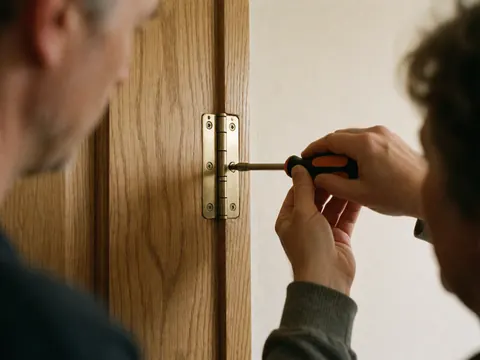 Close-up of a hand using a tool to tighten a screw on a bronze hinge attached to a wooden door frame in an indoor setting.