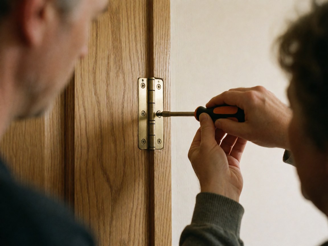 Close-up of a hand using a tool to tighten a screw on a bronze hinge attached to a wooden door frame in an indoor setting.