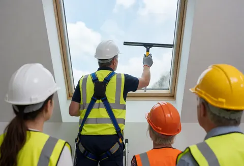 Worker wearing helmet and vest cleaning a skylight with a squeegee while others observe the service in action