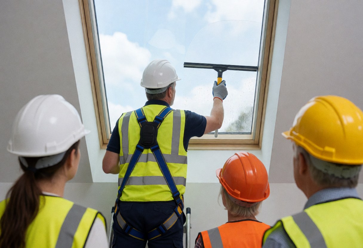 Worker wearing helmet and vest cleaning a skylight with a squeegee while others observe the service in action