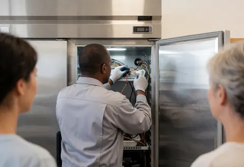 Technician wearing gloves adjusts wiring inside a stainless steel industrial refrigerator while two people observe from behind.