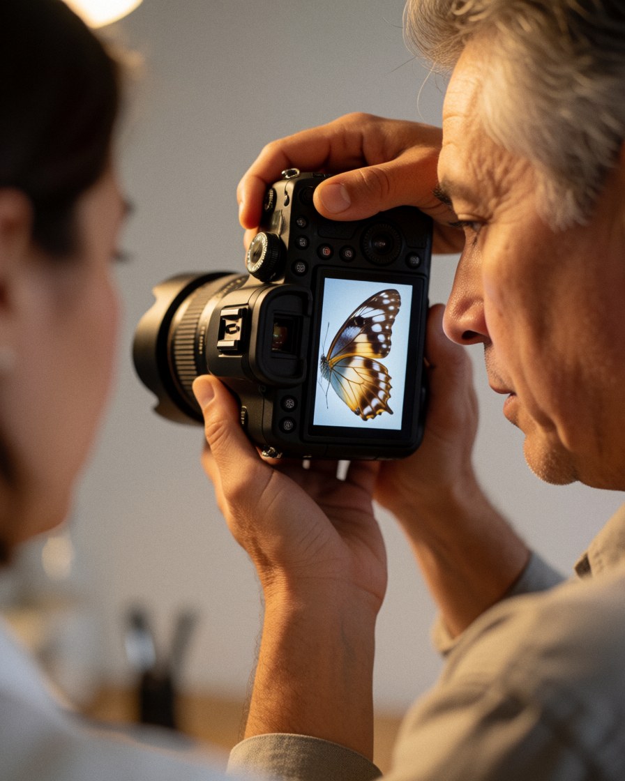 Macro photographer reviewing a butterfly image on the camera screen with neutral background and warm studio lighting