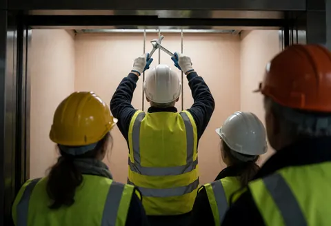 Technician in safety gear adjusting elevator suspension cables while colleagues observe nearby
