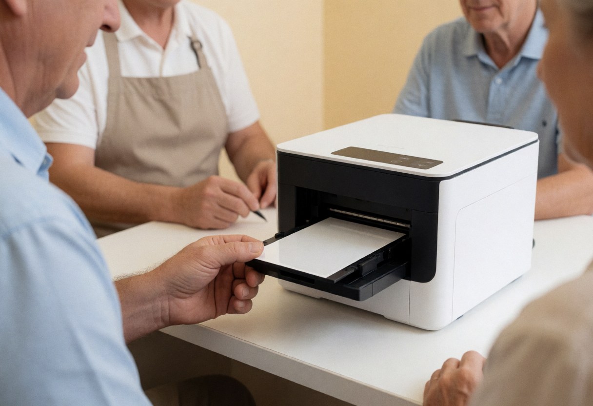 A hand guides the paper output from a compact photo printer on a white table in a service area.