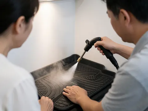 Technician uses steam to clean a black rubber mat inside a car wash shop with white walls and visible steam.