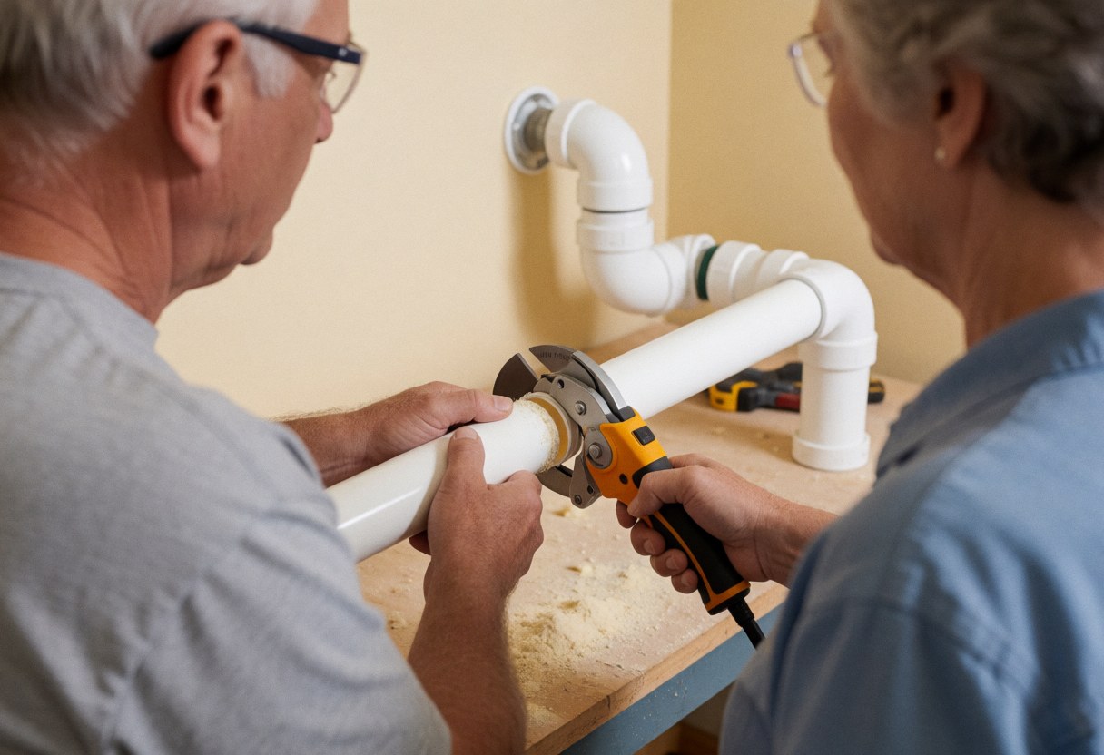 Two individuals using a PVC cutter to cut white PVC pipe during a drainage installation in a beige-walled workshop