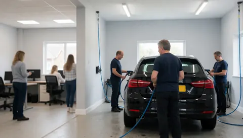 Three men washing a black car with blue hoses in a workshop with gray walls and fluorescent lights