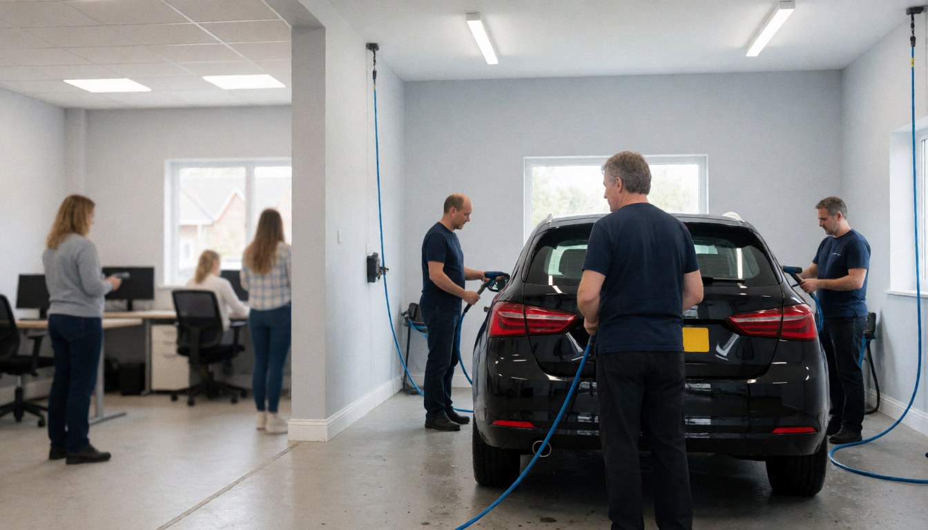Three men washing a black car with blue hoses in a workshop with gray walls and fluorescent lights