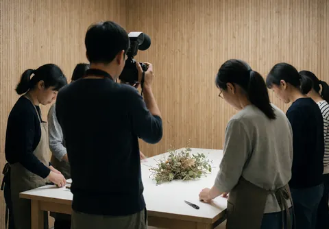 Macro photographer in studio with plants, wooden walls, several people working at a white table under diffused light