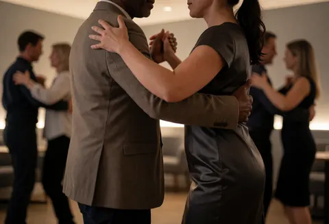 A couple dancing tango in a modern gray room with warm lighting and other dancers in the background