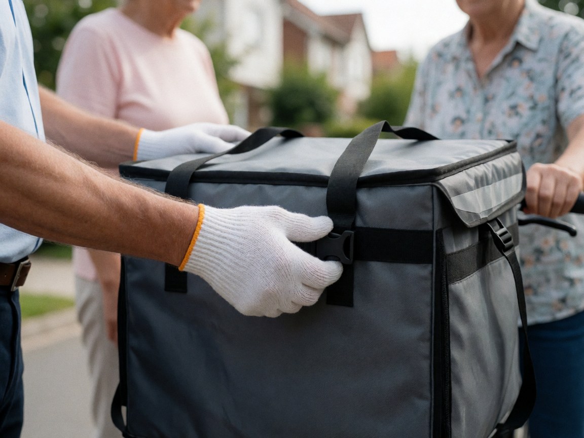 Close-up of a gloved hand tightening the strap on a gray thermal delivery bag mounted on a bicycle in a residential area.