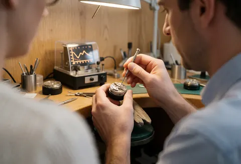 Watchmaker adjusting a watch spring with a tool, test machine with graph, wooden workbench, and work lights in a watch repair shop