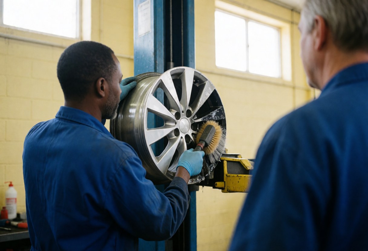 A mechanic wearing blue gloves uses a brush to clean an alloy wheel in a workshop with yellow walls.