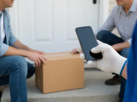 Close-up of a gloved hand holding a smartphone to scan a cardboard box, capturing the final step of last-mile delivery logistics.