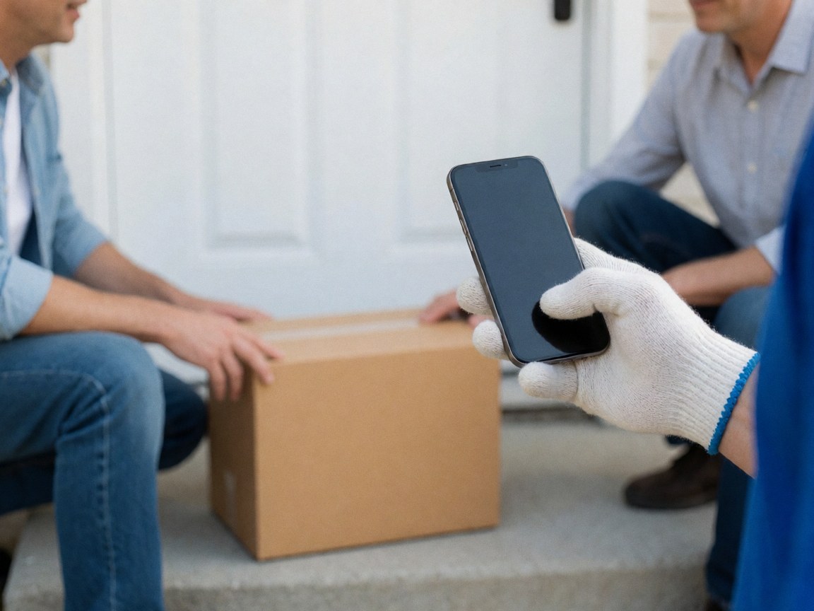 Close-up of a gloved hand holding a smartphone to scan a cardboard box, capturing the final step of last-mile delivery logistics.