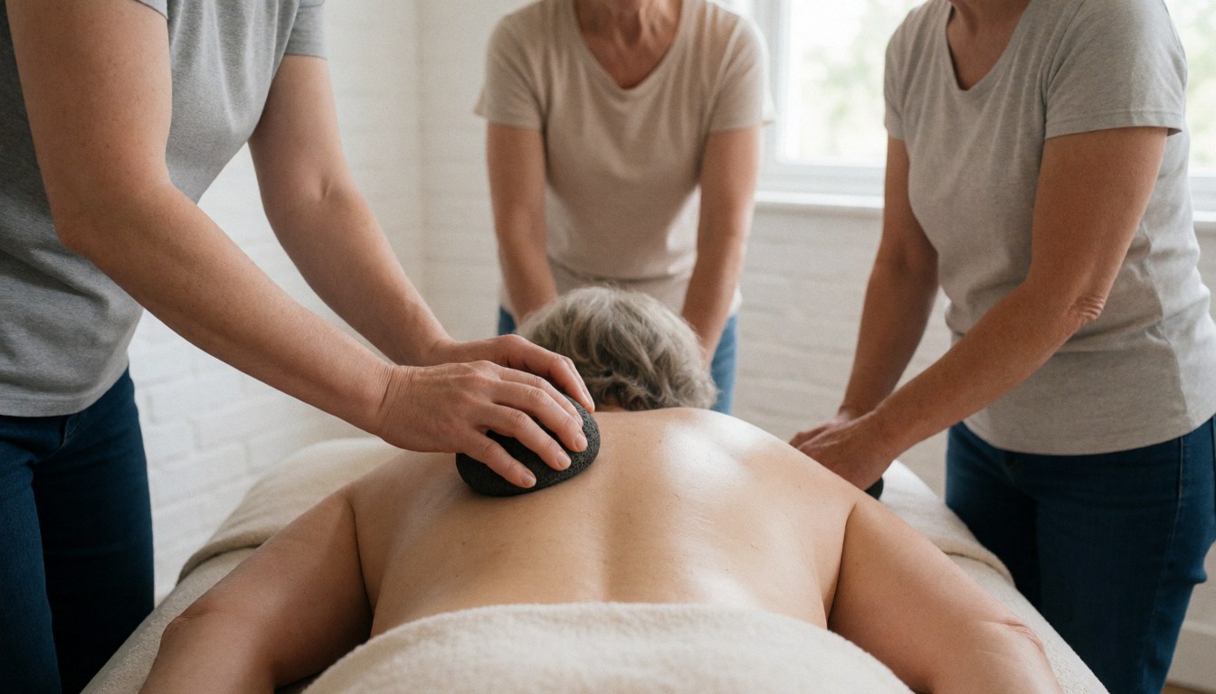 Three therapists use hot stones to massage a client's back in a room with white brick walls