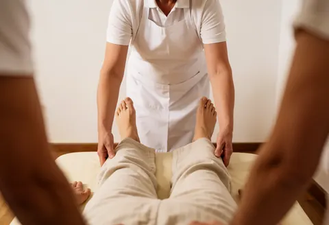 Professional in white apron adjusting Thai massage mat with client's bare feet visible against white walls in a warm setting