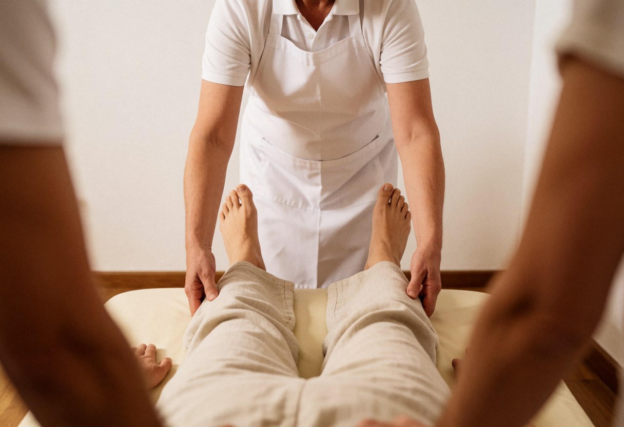 Professional in white apron adjusting Thai massage mat with client's bare feet visible against white walls in a warm setting