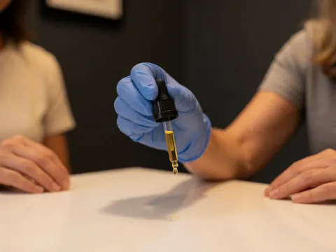 Close-up of a hand in a blue glove dispensing a golden oil drop onto a white surface