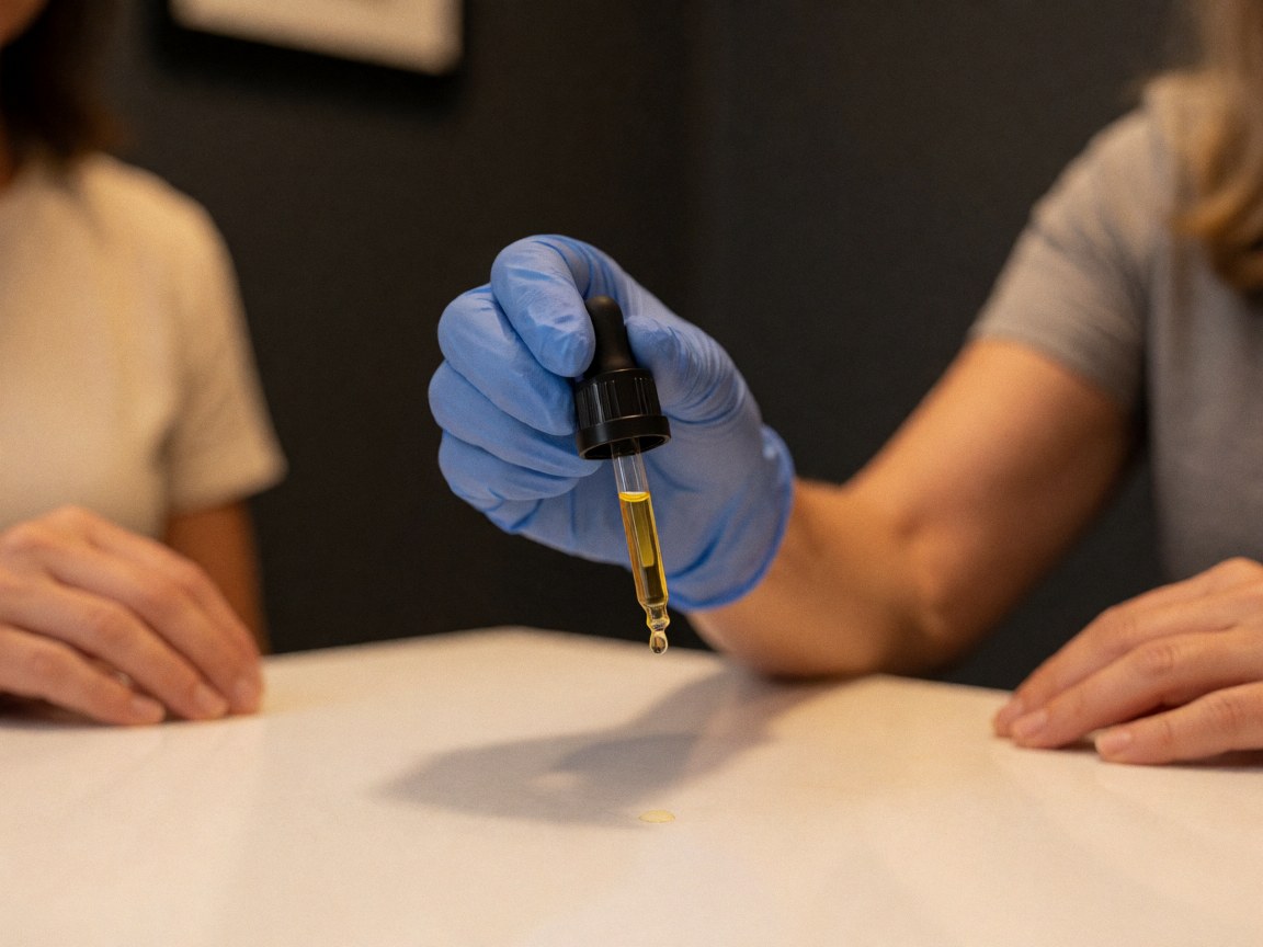 Close-up of a hand in a blue glove dispensing a golden oil drop onto a white surface