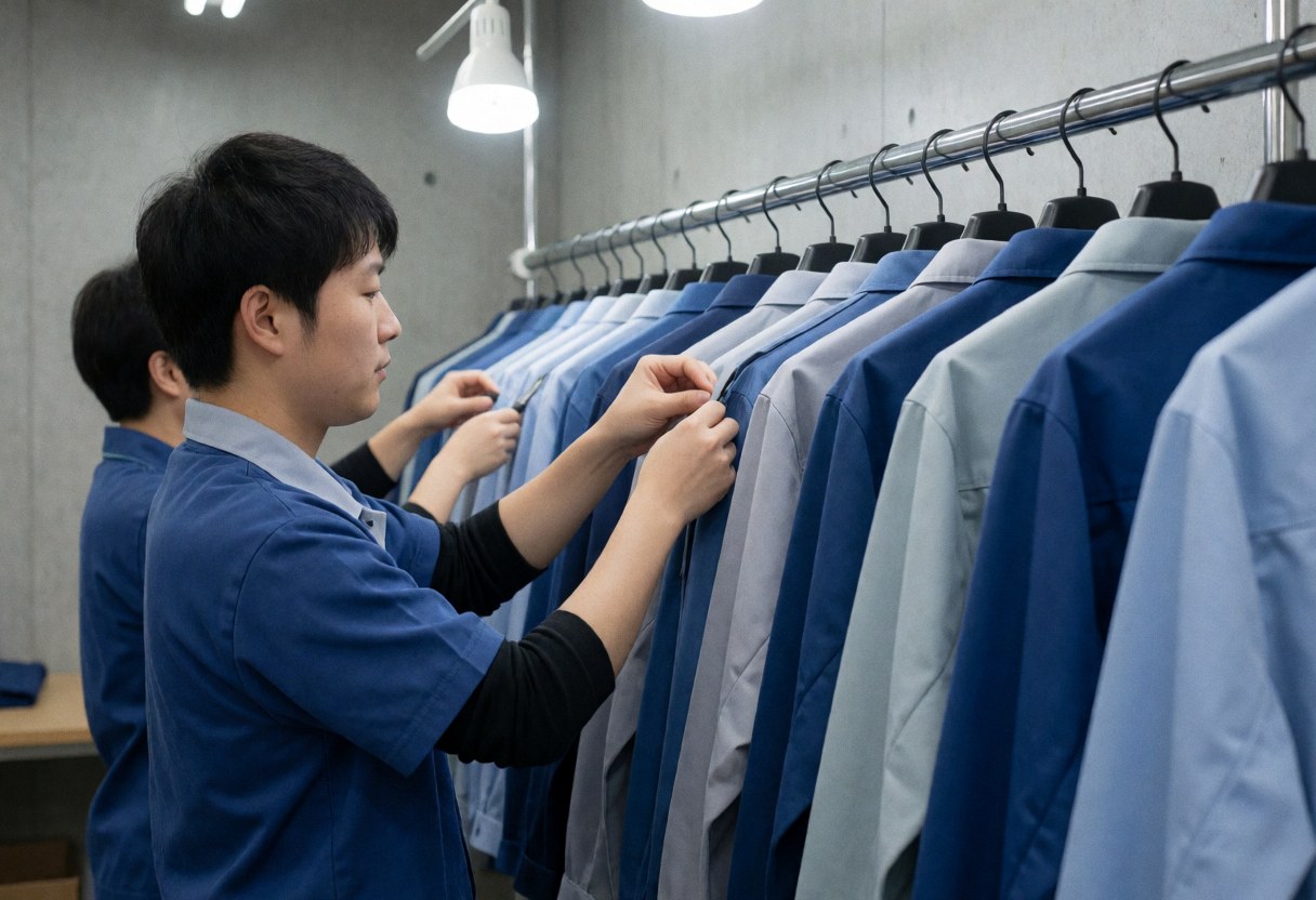 Technician inspecting corporate uniforms hanging on a rack in a textile printing service facility with concrete walls and work lights