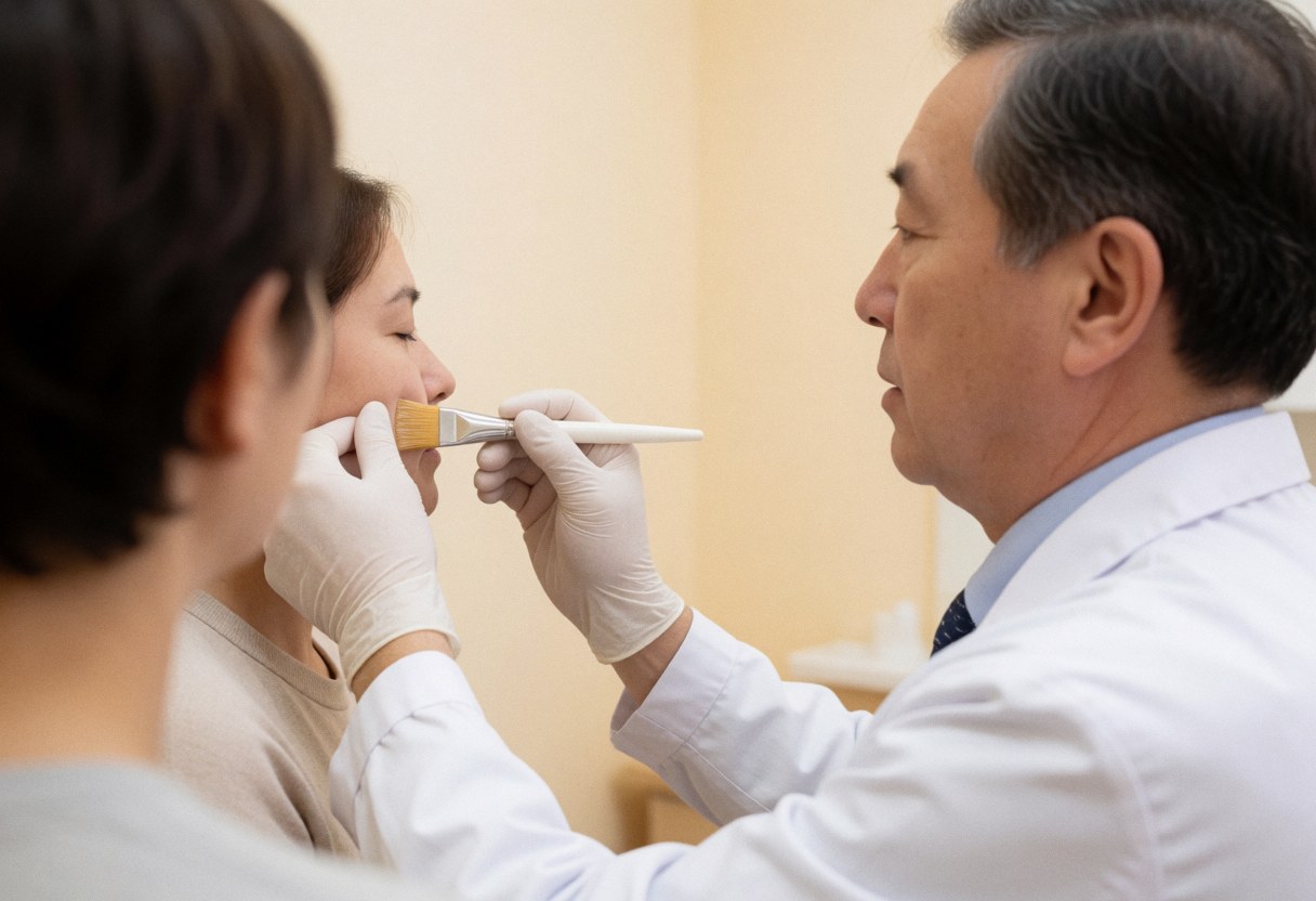 A dermatologist wearing gloves uses a brush to apply a chemical peel product to a client's face in a beige-walled clinic.