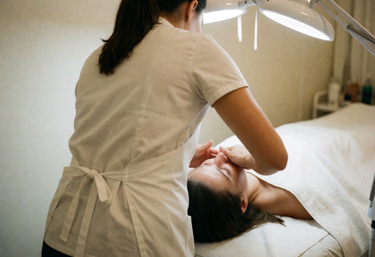 Therapist applying facial gel to a client lying on a treatment bed with white walls and apron