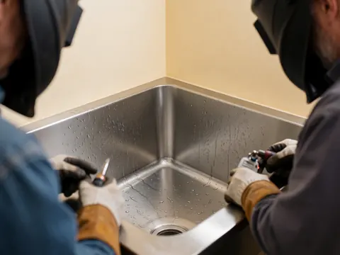 Two welders wearing helmets and gloves working on a stainless steel sink in an industrial kitchen