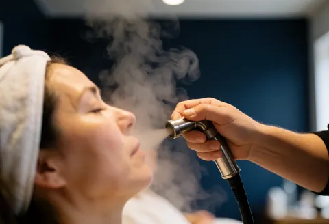 A client with a white towel receives a facial steam treatment from a professional using a steamer in a salon with dark blue walls