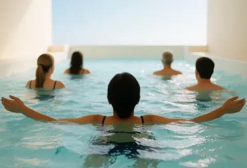 A person floating in a wave pool with white walls and a relaxed atmosphere, suitable for a water park setting.