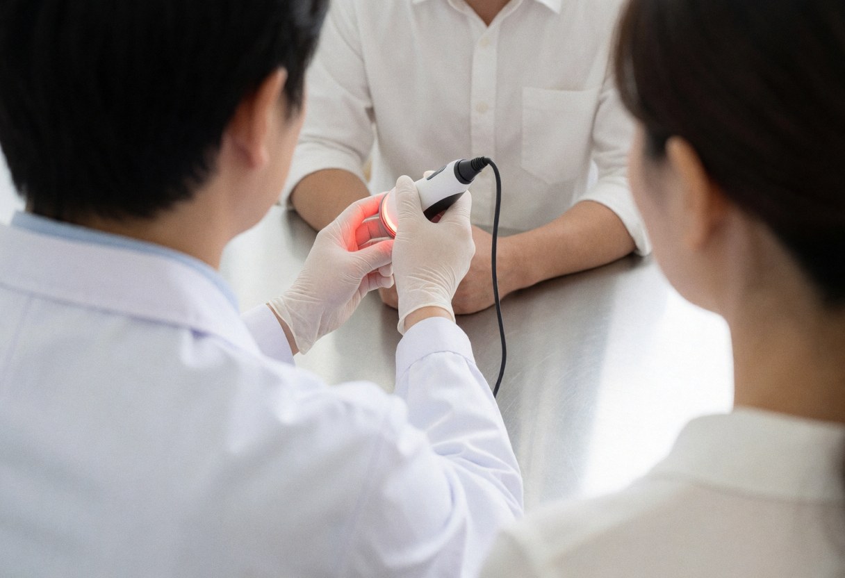 Therapist wearing gloves applies red light therapy to a client's forehead during an acne treatment session, viewed from behind with a steel table visible.