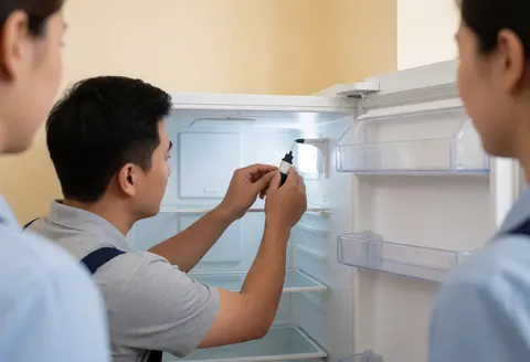 Technician applies adhesive to the interior of a white refrigerator with beige walls while two people observe the repair service in action.