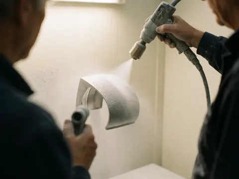 A nozzle applies powder coating to a suspended metal part in a workshop with cream-colored walls.