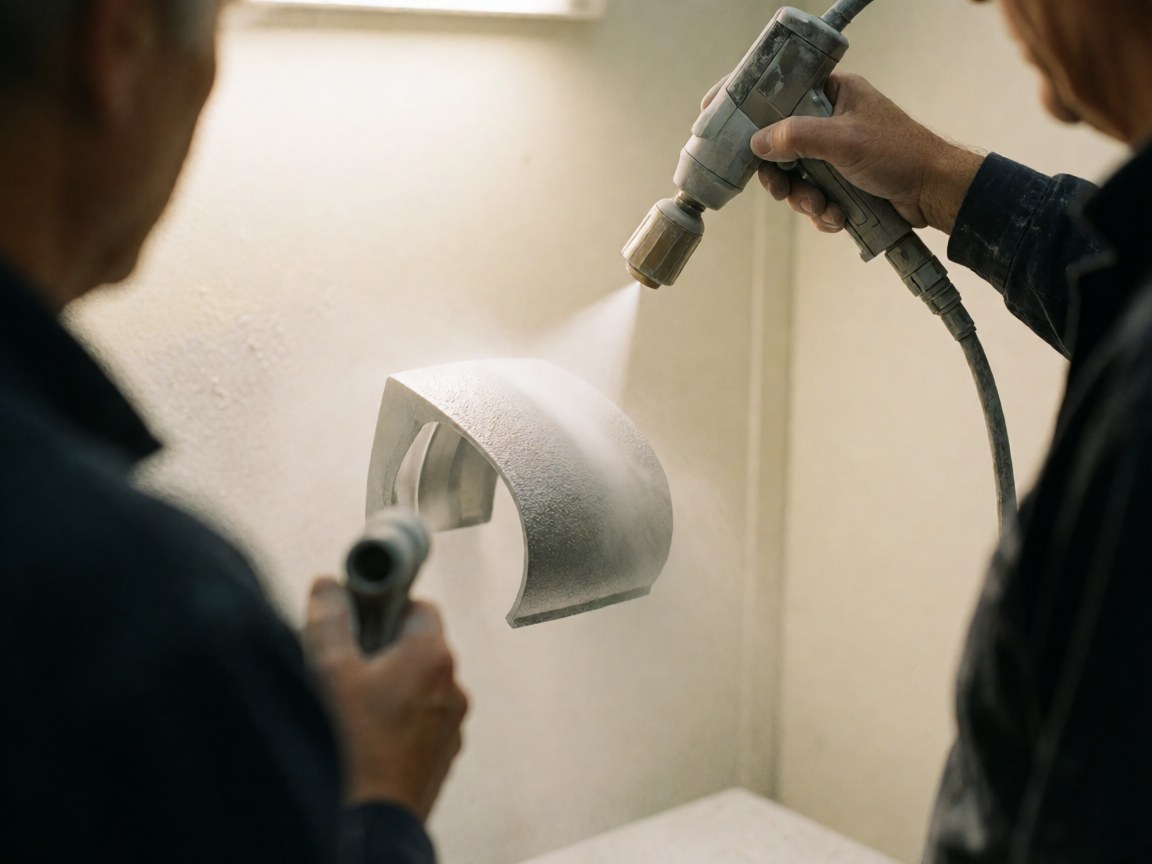 A nozzle applies powder coating to a suspended metal part in a workshop with cream-colored walls.