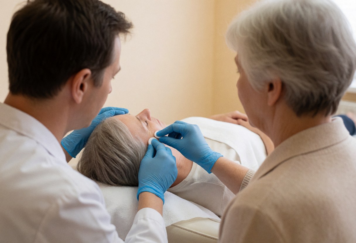 A dermatologist wearing blue gloves applies a chemical peel product to a client's face using a cotton pad during a facial treatment session.