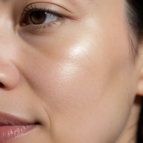 Close-up of a cheek with natural glow and visible skin texture against a smooth concrete wall background for professional makeup.