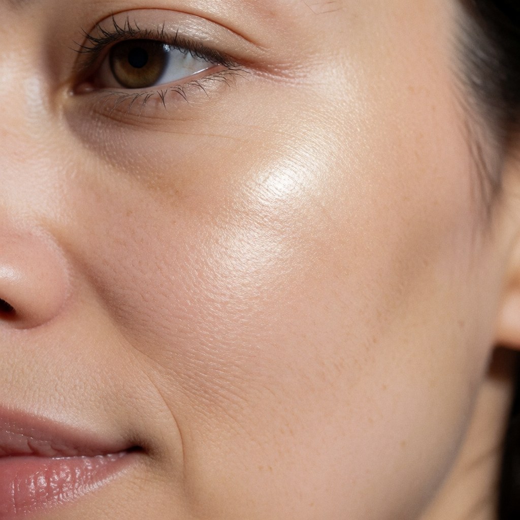 Close-up of a cheek with natural glow and visible skin texture against a smooth concrete wall background for professional makeup.