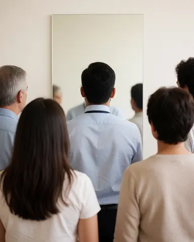 A group of people observing a man standing in front of a mirror on a white wall during a meeting or presentation.