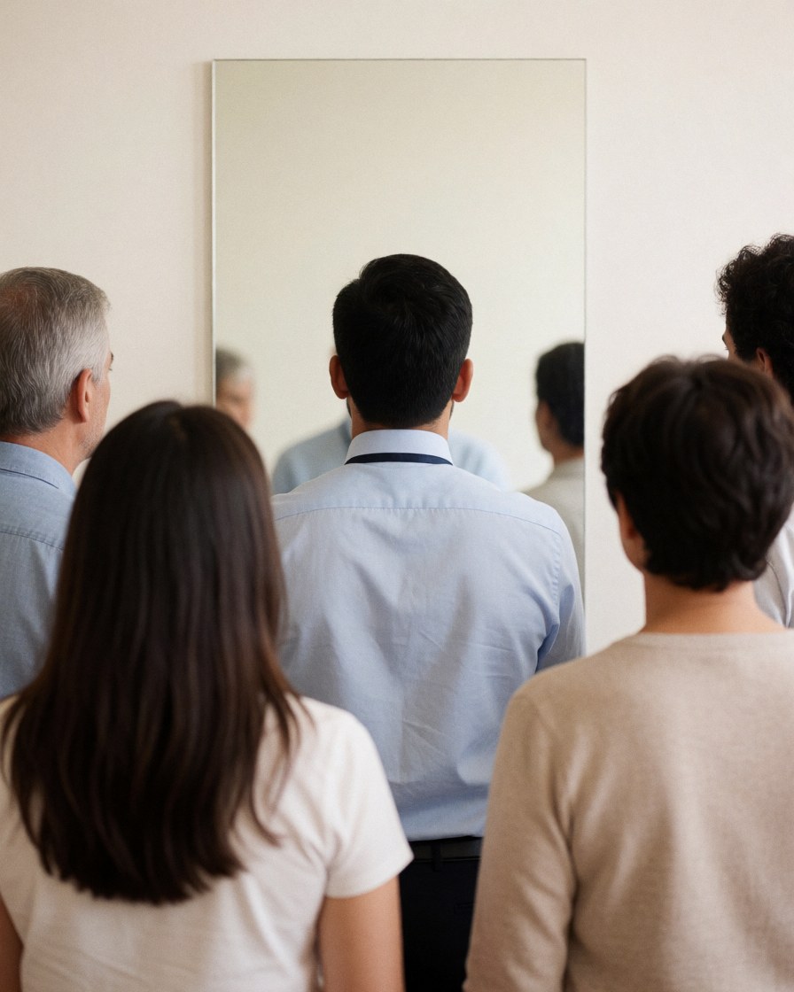 A group of people observing a man standing in front of a mirror on a white wall during a meeting or presentation.