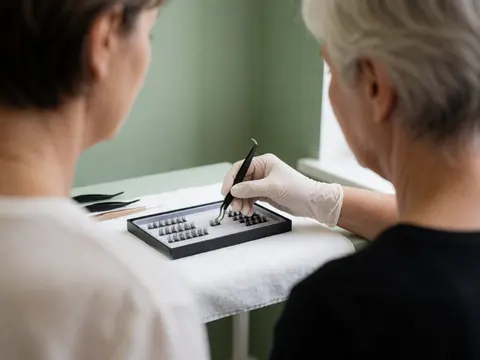 Close-up of a makeup artist's gloved hand using tweezers to apply eyelashes from a black tray during a professional service