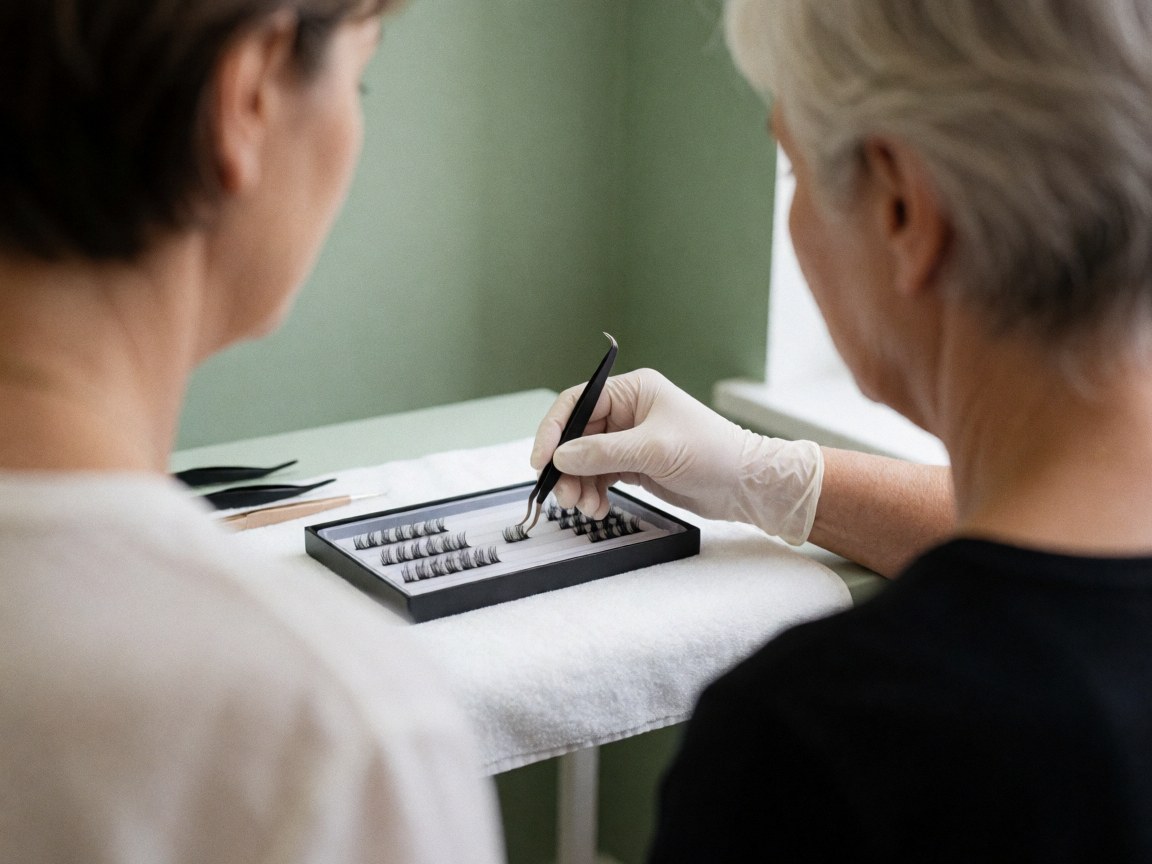 Close-up of a makeup artist's gloved hand using tweezers to apply eyelashes from a black tray during a professional service