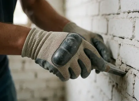 Detailed view of a worker's gloved hand spreading mortar on a whitewashed brick wall using a masonry trowel.