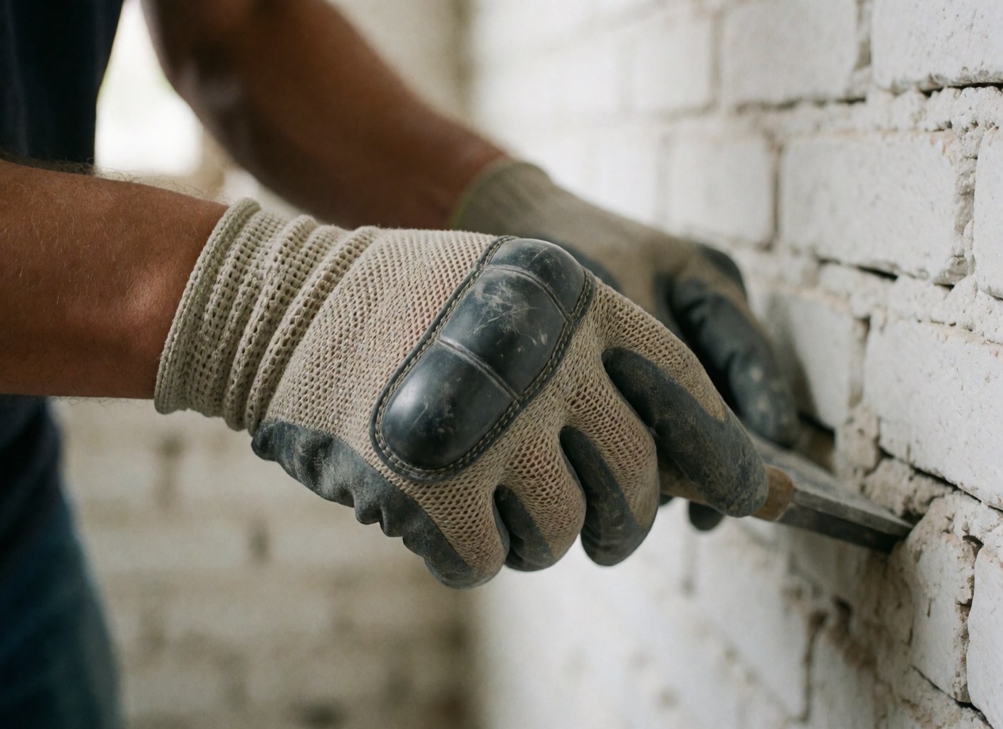 Detailed view of a worker's gloved hand spreading mortar on a whitewashed brick wall using a masonry trowel.