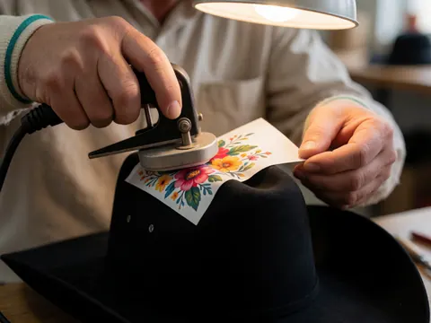 Hands applying a floral heat transfer design onto a black hat in a textile printing workshop with focused lighting.