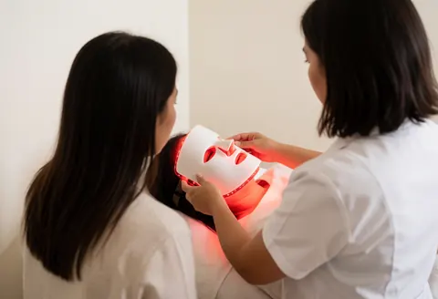 Esthetician adjusting a red LED mask on a client's face during a facial treatment service.