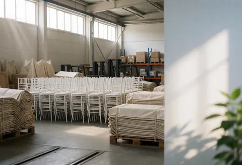 Rows of white chairs and beige canopy pallets in an industrial warehouse with natural light, suitable for event furniture rental.