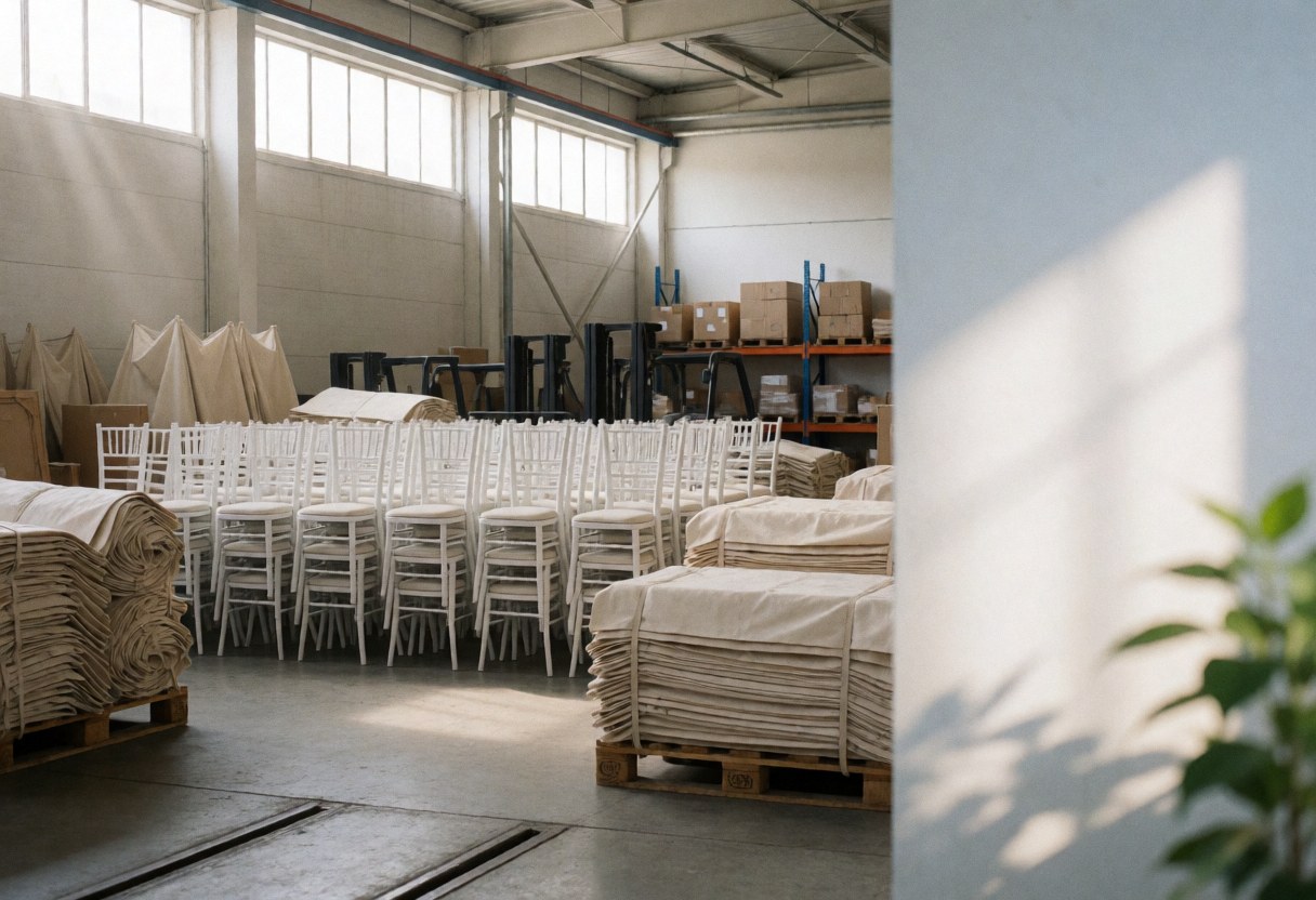 Rows of white chairs and beige canopy pallets in an industrial warehouse with natural light, suitable for event furniture rental.