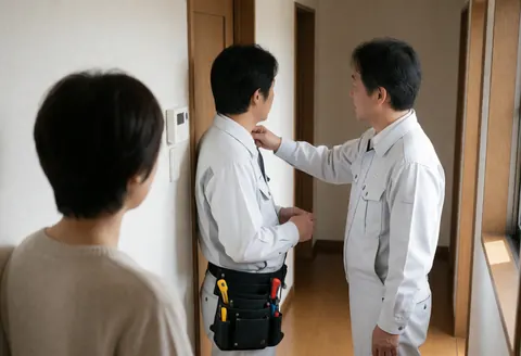 Technician in white uniform adjusts wall thermostat while client watches from behind in a hallway with wood floors and natural light.