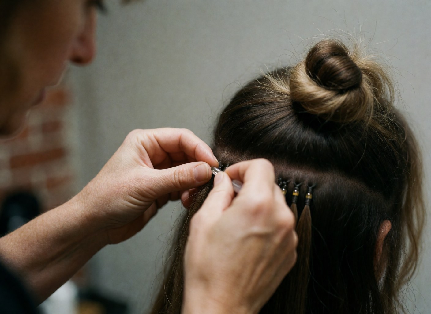 Close-up of hands using a tool on hair extensions with pearls against a red brick wall during a professional salon service.