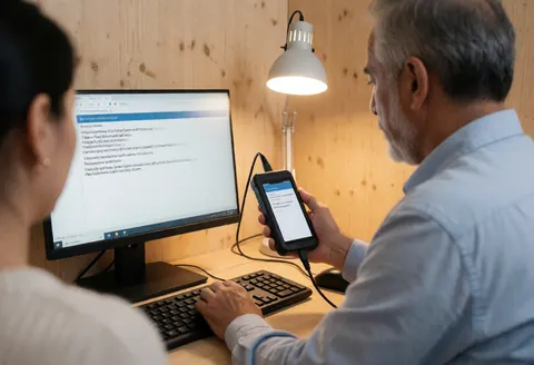 Technician using a diagnostic tool to repair a mobile phone, with a monitor displaying a system error in a clean professional workspace.